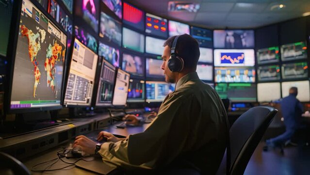 A cybersecurity expert sits at a desk, closely monitoring network traffic on multiple screens, A cybersecurity expert monitoring network traffic in a control room