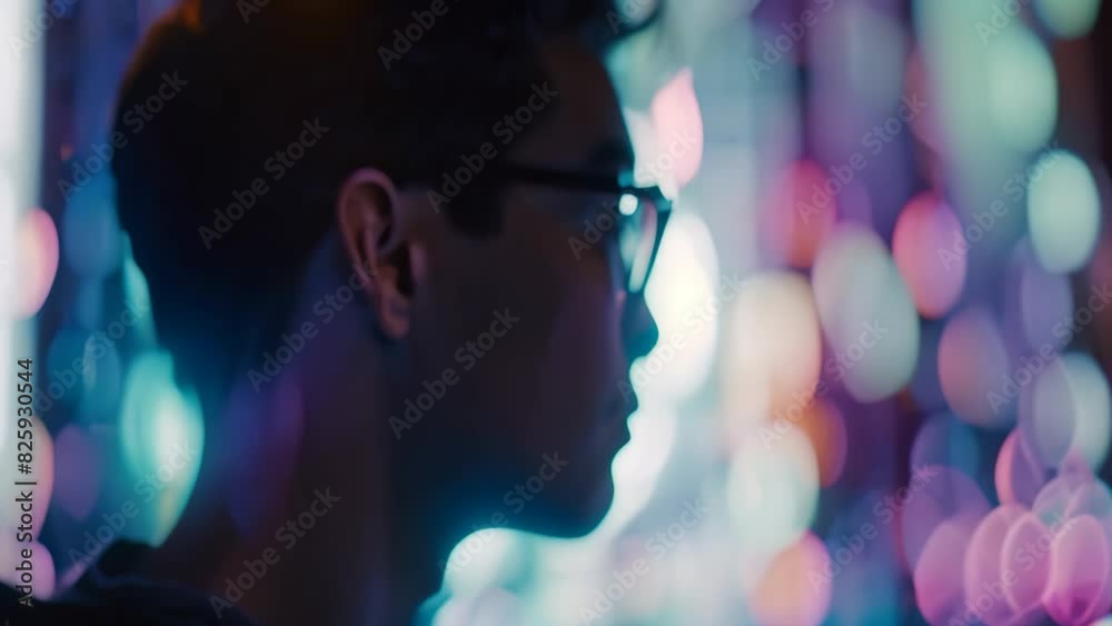 Sticker A man wearing glasses stands in front of a wall covered in bright lights, observing intently, A cybersecurity journalist reporting on the latest cyber security news