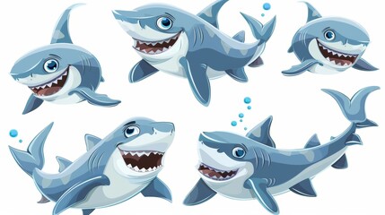 A set of cartoon illustrations of cute and playful sharks showing various poses and emotions. Baby marine animals in different positions like laughing, sleeping, swimming, smiling, crying, scared and