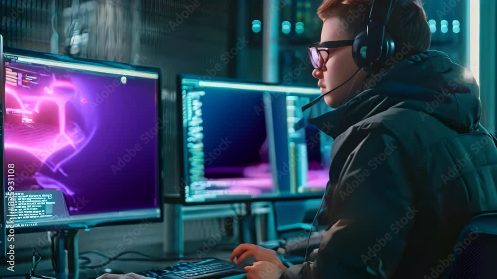 Poster a man is seated in front of two computer monitors, focused on analyzing lines of code, a cybersecuri