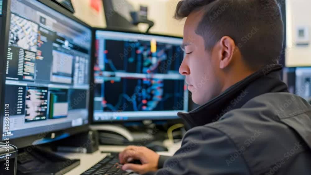 Poster a man sitting in front of a computer monitor, focused on analyzing data as part of a cybersecurity t