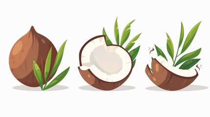 An illustration of coconuts and a coconut half with leaves isolated on white. Modern illustration cartoon flat coconut icon.
