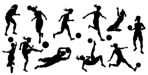 A set of female soccer football player women silhouettes