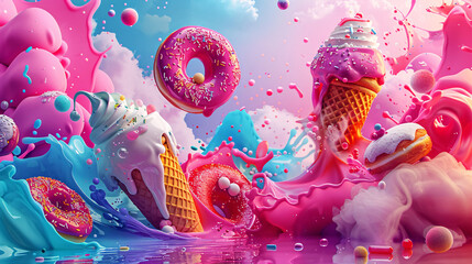 An energetic, splashy background with neon accents and playful illustrations of ice cream cones, donuts, and soda cups