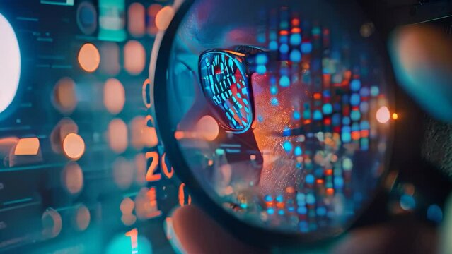 Man closely inspects computer screen with magnifying glass for cybersecurity investigation, A cybersecurity specialist investigating a data breach