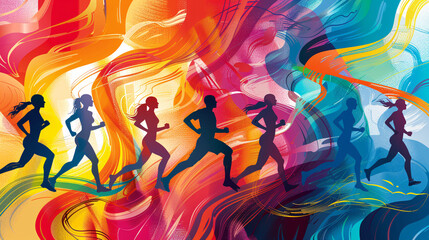 Abstract background with vibrant, flowing lines and shapes, featuring silhouettes of people running, lifting weights, and doing yoga poses, representing fitness
