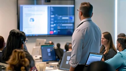 A man standing in front of a classroom full of students, teaching cybersecurity concepts, A cybersecurity specialist training employees on cybersecurity awareness