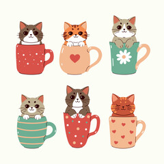 A set of cute kawaii cats sitting in mugs. Vector graphics