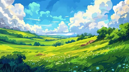 Illustration with summer fields, hills, green grass, blue sky with clouds. Generative AI.