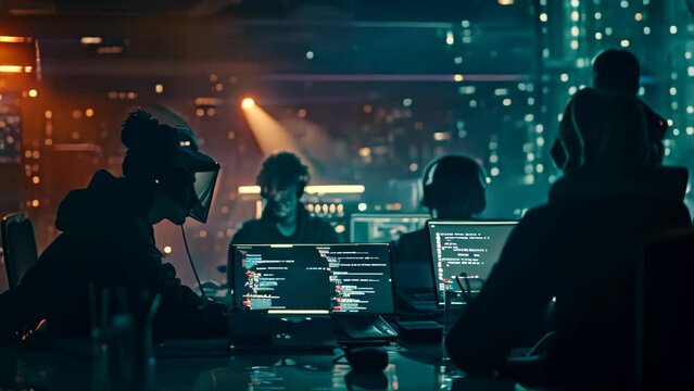 A group of people sitting at a table working on laptops, likely a cybersecurity team responding to a cyber incident, A cybersecurity team responding to a cyber incident in real time
