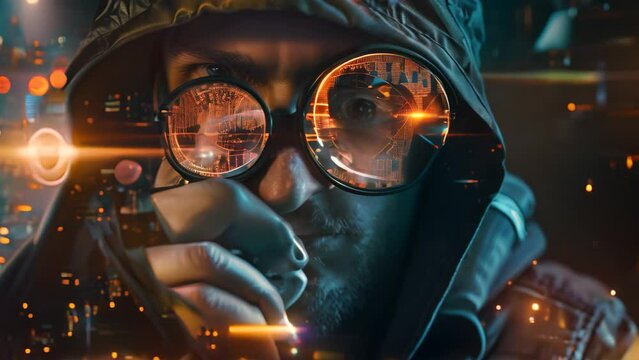 A man wearing a hat and glasses examines with a magnifying glass for signs of malicious activity, A cyber threat hunter searching for signs of malicious activity