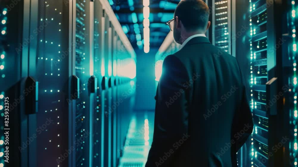 Poster a man standing in front of a server in a data center, inspecting hardware and data security protocol