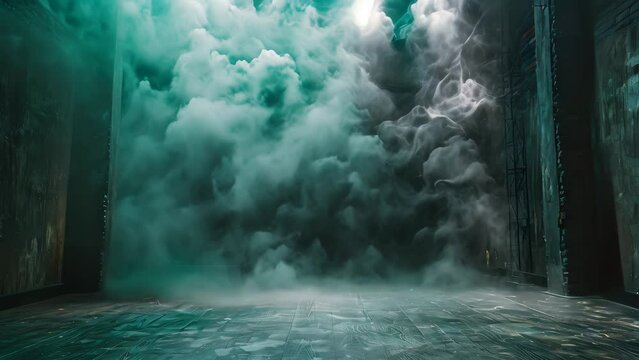 A dark room with smoke billowing out of the ceiling, creating a mysterious and atmospheric ambiance, A dark and dramatic stage for your artistic experiments