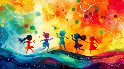 Abstract background with vibrant, playful colors and swirling lines, featuring illustrations of happy children playing and laughing