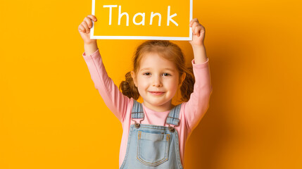 An adorable young girl lifts a 'Thank' sign above her head on a sunny yellow background