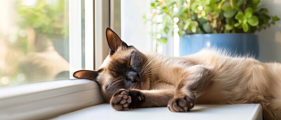 Siamese cat lounging on a sunny windowsill , with copy space for text