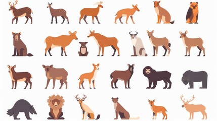 A flat set of north American animals isolated on white. Modern illustration.