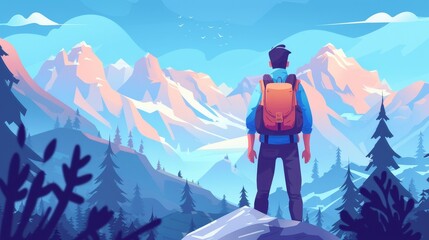 Abstract flat background with man with tourist backpack and mountains. Generative AI.