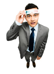 Studio, portrait and businessman with 3d glasses, suit and shock for vision and confused. White...