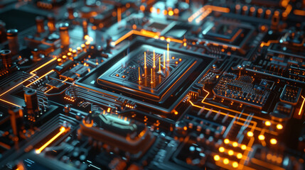 Obraz premium A close-up of a computer chip with lots of orange and yellow lights. The concept of complexity and sophistication, as well as advanced technologies
