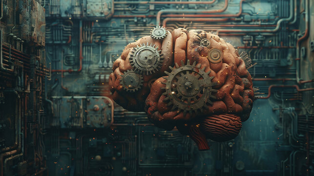 Artistic depiction of a brain with gears and cogs inside, representing the workings of advertising strategies and campaigns