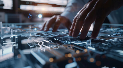 The concept of technology and modernity, as well as the idea of human interaction with machines. The man is moving around the monitor screen