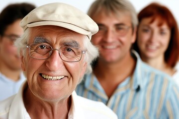 Senior mature man and middle aged diverse people man and women coworkers or students of different age standing in the office smiling at camera