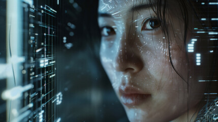 An Asian woman with a face created from computer code. The image reflects the idea of technology and its impact on human identity - Powered by Adobe