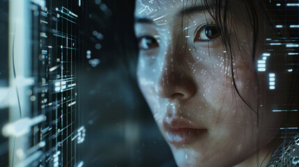 An Asian woman with a face created from computer code. The image reflects the idea of technology and its impact on human identity