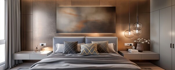 A contemporary bedroom with walls in light bronze and a bed with a sleek