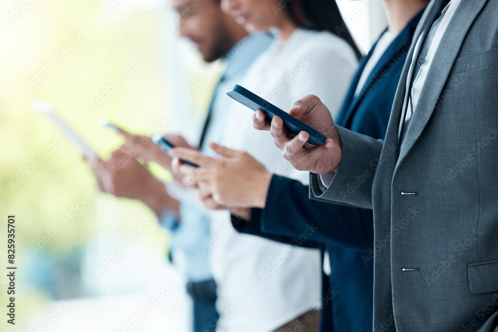 Poster business people, smartphone and meeting with group in row or crowd for communication and connection.