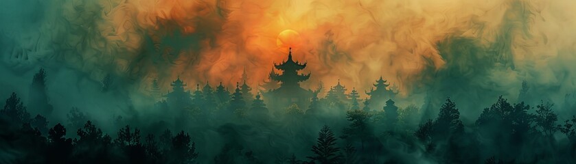 Mysterious ancient temple amidst dense forest and fog, with dramatic sky and sun glowing in the background, creating an eerie atmosphere.