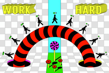 Abstract surreal poster, people go on curve through holes for hard work with energy battery over head. Infinite mesh surface, real world past away