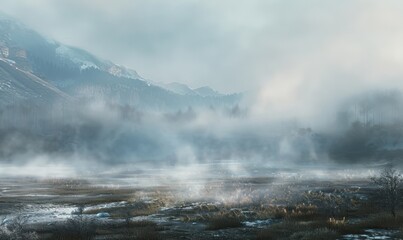 Mystical Landscape Enveloped in Morning Steam


