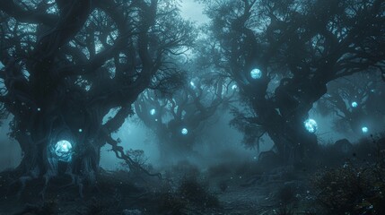 Fototapeta premium Shadowy forest with contorted trees, glowing blue orbs floating, thick fog, magical and unsettling feel