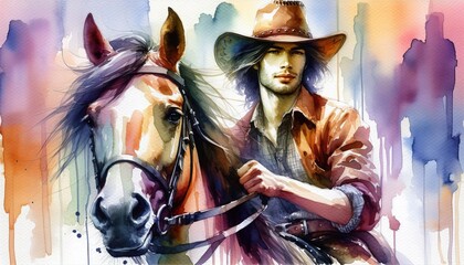 Watercolor portrait of a cowboy wearing a hat, riding a horse with a colorful abstract background