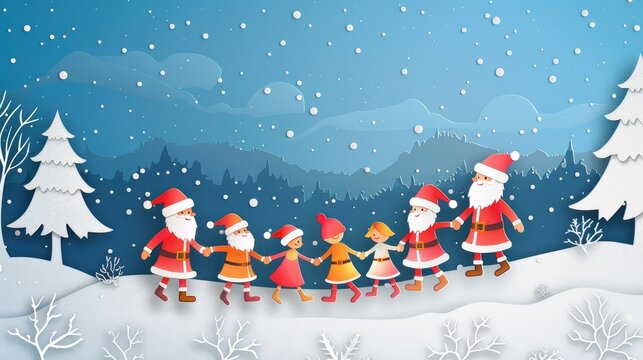 Santa Claus with children holding hands, paper cut style, festive village scene, layered paper texture, warm holiday colors