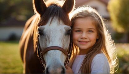 Fototapeta premium Portrait of cute happy smiling little girl with horse on a beautiful summer day. Interacting with horses encourages emotional bonding and can help children develop trust, empathy, confidence and helps
