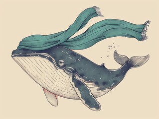 Illustration of a whimsical whale wearing a teal scarf, swimming gracefully in a minimalist style against a beige background.
