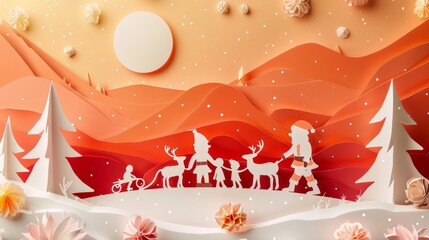 Santa Claus holding hands with children, paper cut style, festive background, colorful details, intricate layers