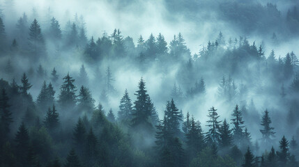 Enchanting Mystical Forest Shrouded in Dense Fog - Dreamy and Ethereal Nature Background