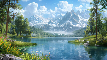 Fototapeta premium Tranquil Summer Landscape with Calm Lake, Forests, and Snow-Capped Mountains in the Distance