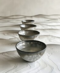Row of four silver metallic bowls placed on a textured, layered white surface, creating an artistic and serene composition.