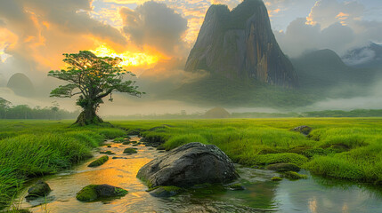 Mystical mountain landscape at sunset