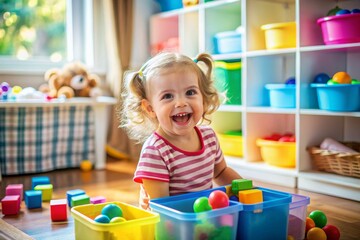 Cute happy little child playing with colorful blocks. Smiling blonde girl of preschool age sitting on a floor in a sunny room with a big window. Kids have fun at home or kindergarten.
