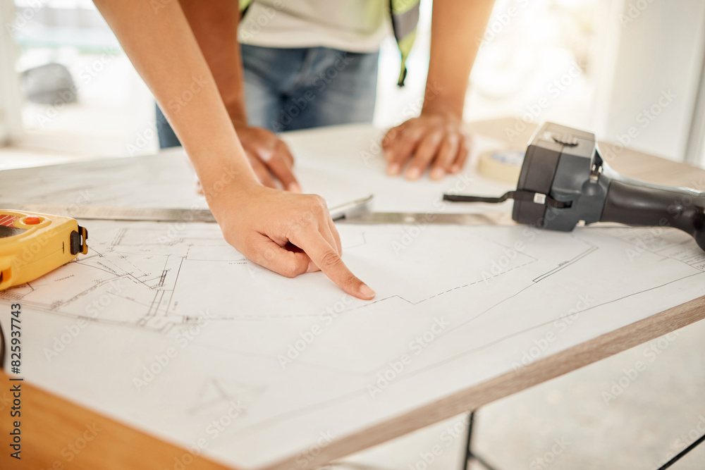 Poster Architecture, hands and planning with blueprint on table for creativity, building design and pointing on paper. Architects, contractor or teamwork in floor plan, ideas or renovation project in office
