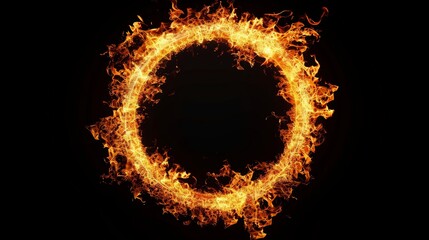Radiant fire ring, flames blazing in a perfect circle, solid black background, emphasizing the contrast and intensity