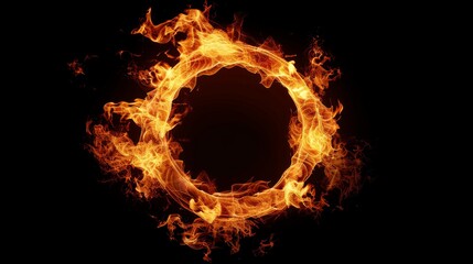 Radiant fire ring, flames blazing in a perfect circle, solid black background, emphasizing the contrast and intensity