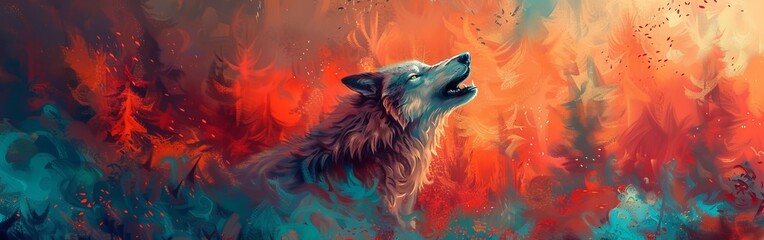 Powerful wolf with a howling pose, vibrant and surreal colors, abstract forest elements