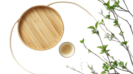 A wooden tray with a cup placed on a white table